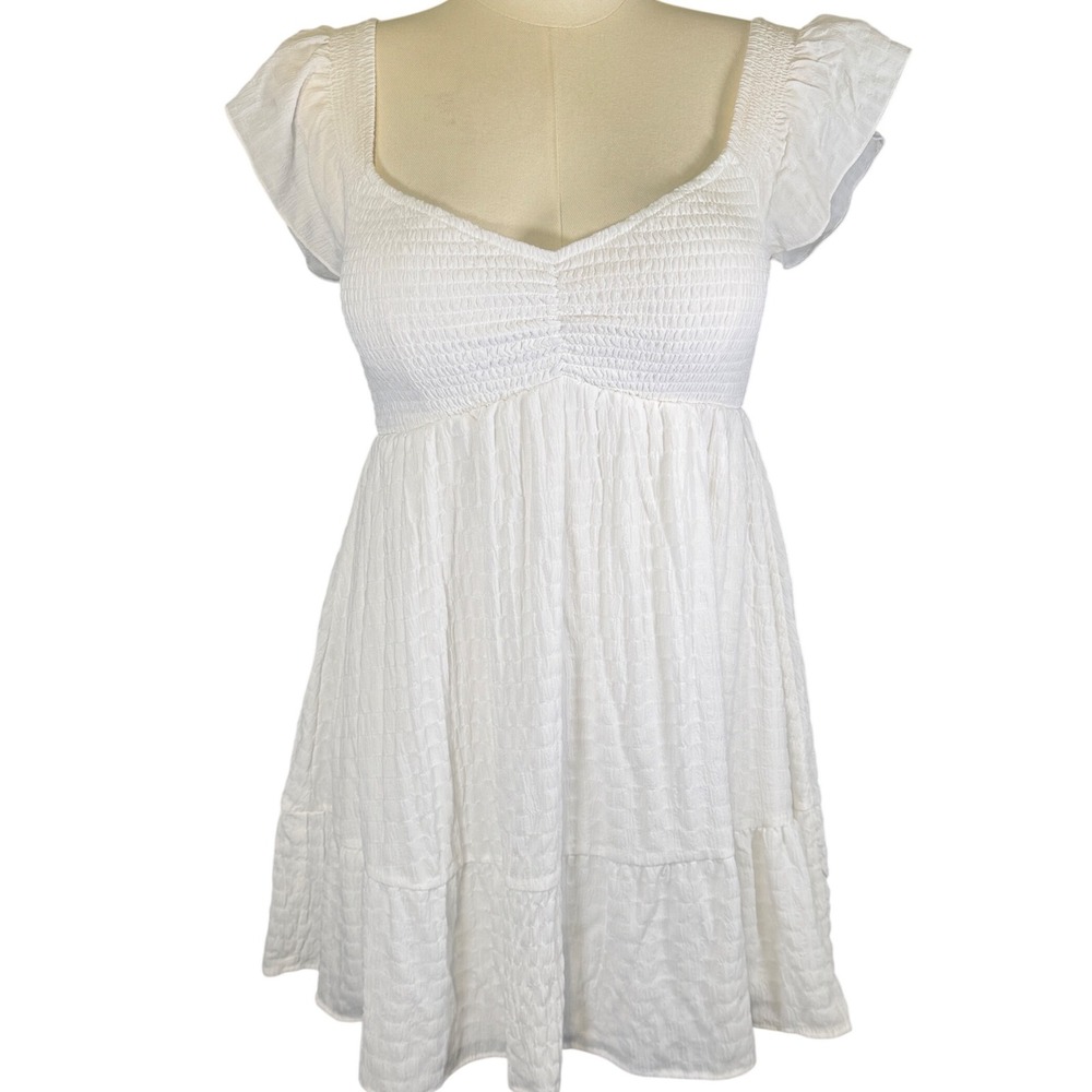 Thirty Thirty White Smocked‎ Flutter Sleeve Tiered Babydoll Mini Dress Large